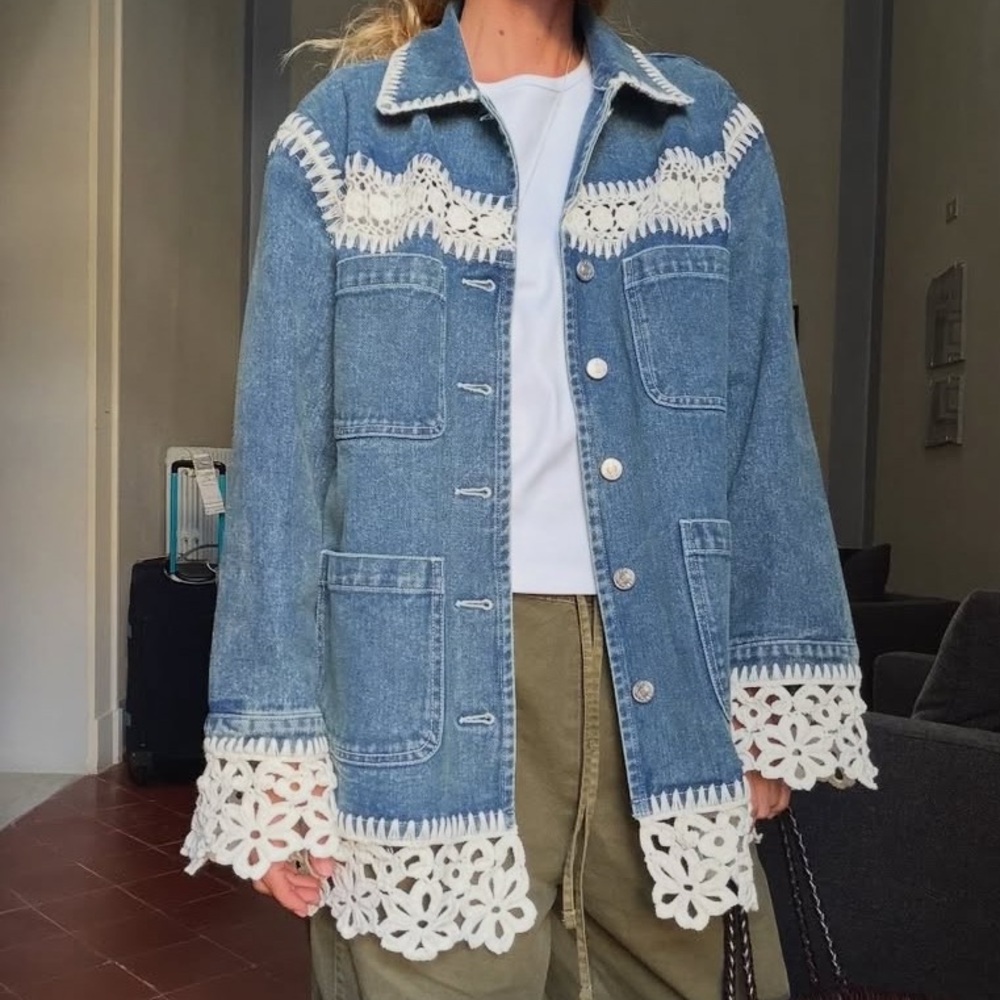 Denim Jacket with White Crochet Trim